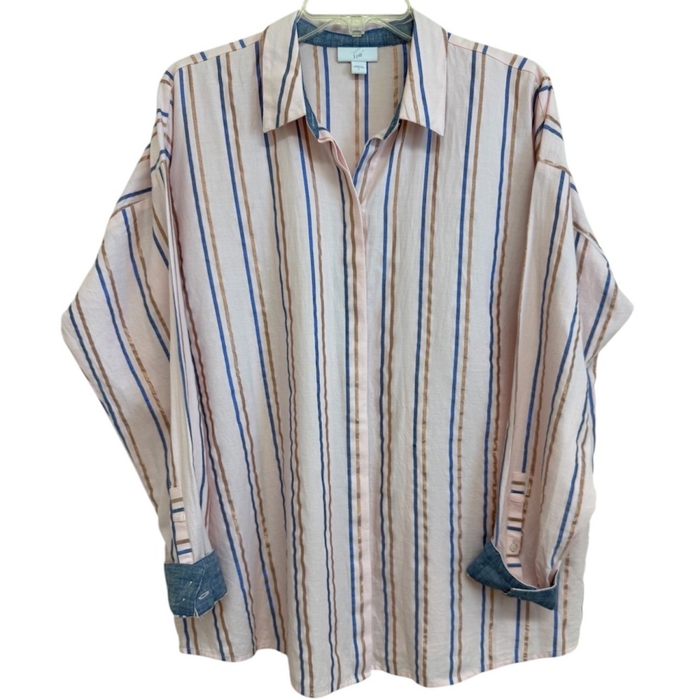 J. Jill Pink Striped Metallic Cotton Button Down Shirt Womens Large L Long Slv